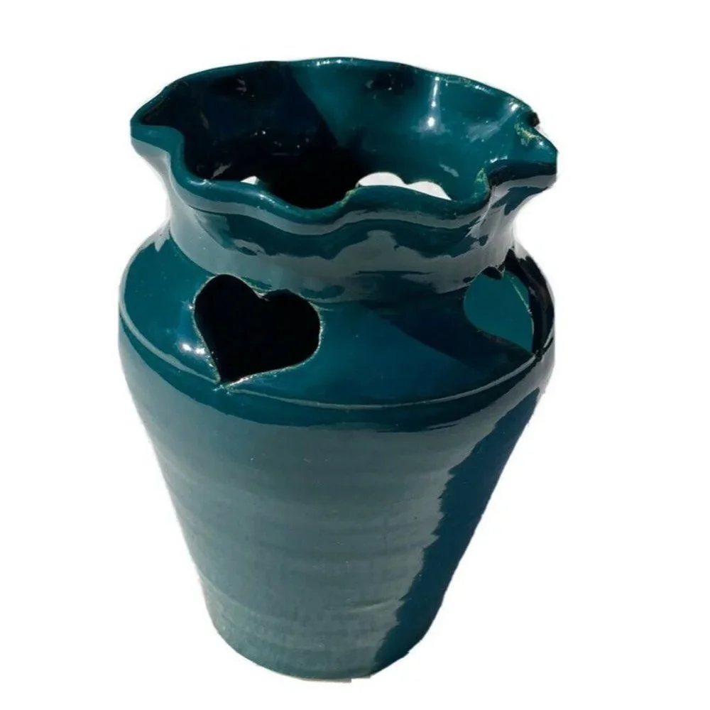 Vintage 90s R&L Studio Pottery Vase Seagrove NC Green Hearts Signed S Richardson